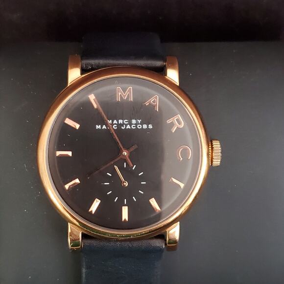 Marc Jacobs Women's Baker Watch‎ Rose Gold Black Leather Band MBM8633 37mm - Picture 1 of 10